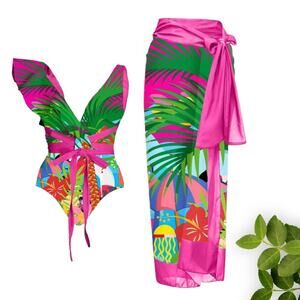 Rainforest Color Printed V-Neck 1-Piece Swimsuit Set With‎ Cover-Up